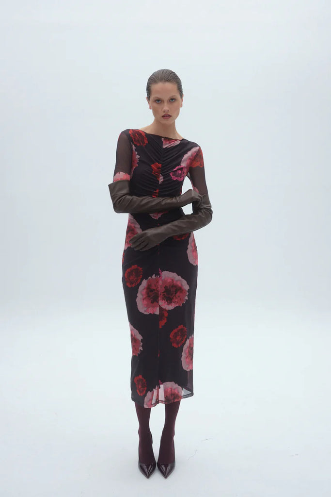 Frida Ruched Front Long Sleeve Dress (Floral Print)
