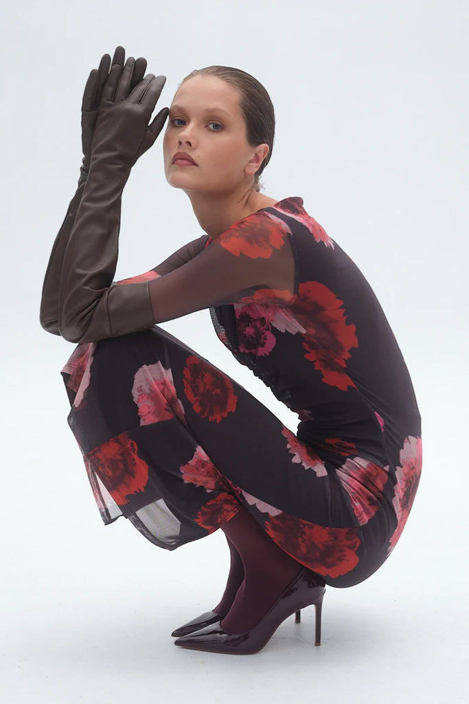 Frida Ruched Front Long Sleeve Dress (Floral Print)