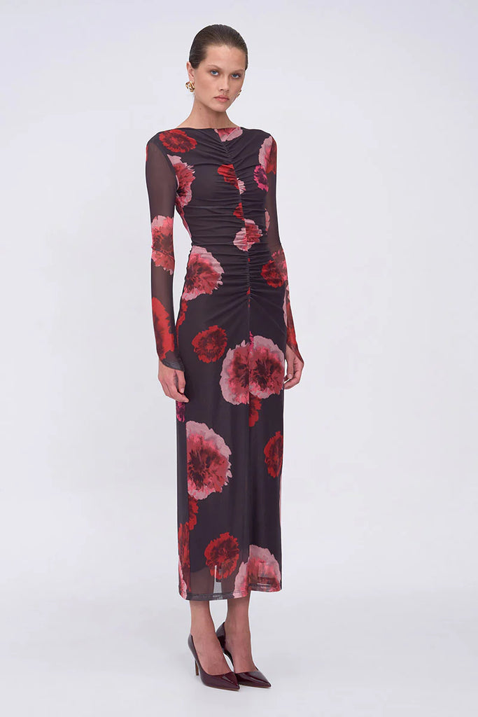 Frida Ruched Front Long Sleeve Dress (Floral Print)