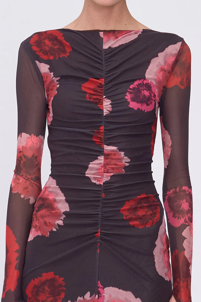 Frida Ruched Front Long Sleeve Dress (Floral Print)