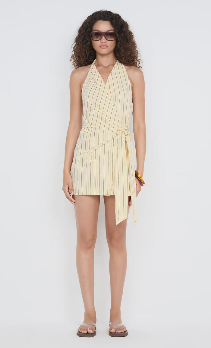 Kiana Wrap Mini Dress (Butter/Choc Stripe)