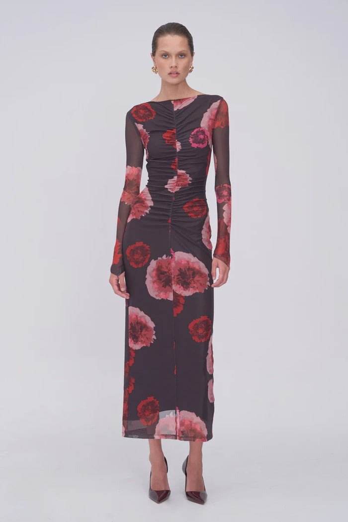 Frida Ruched Front Long Sleeve Dress (Floral Print)