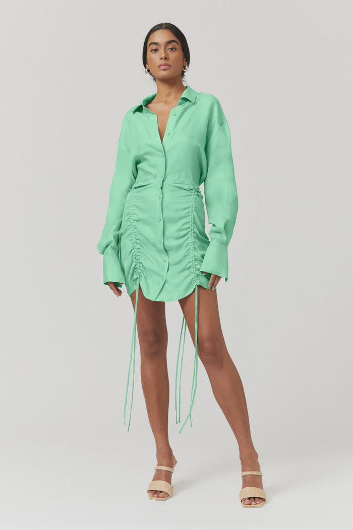 SUBOO Halley Rushed Mini Shirt Dress (Apple Green)